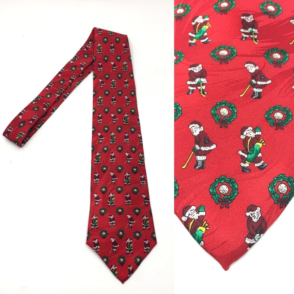 Silk Red Santa Golf Holiday Christmas Mens‎ Necktie